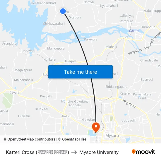 Katteri Cross (ಕಟ್ಟೇರಿ ಕ್ರಾಸ್) to Mysore University map