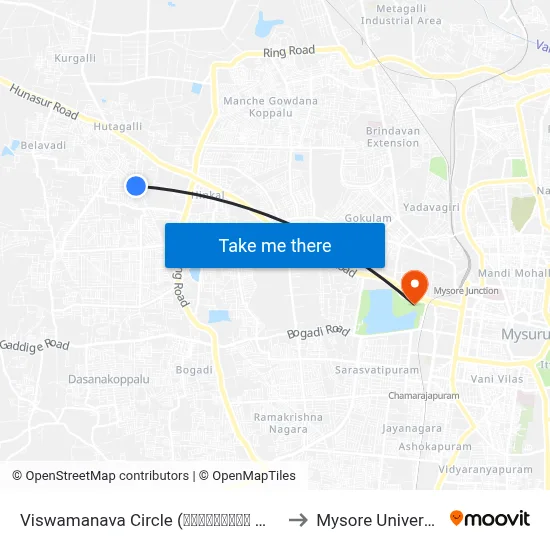Viswamanava Circle (ವಿಶ್ವಮಾನವ ವೃತ್ತ) to Mysore University map