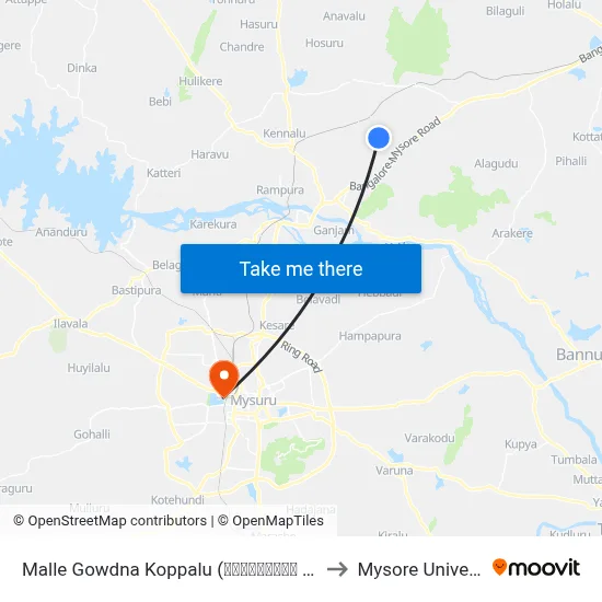 Malle Gowdna Koppalu (ಮಲ್ಲೇಗೌಡನ ಕೊಪ್ಪಲು) to Mysore University map