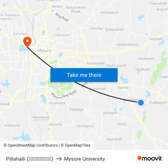 Pillahalli (ಪಿಲ್ಲಹಳ್ಳಿ) to Mysore University map