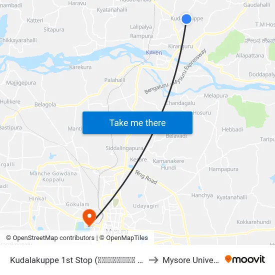 Kudalakuppe 1st Stop (ಕೂಡಲಕುಪ್ಪೆ 1ನೇ ನಿ.) to Mysore University map