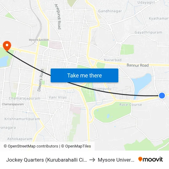 Jockey Quarters (Kurubarahalli Circle) to Mysore University map