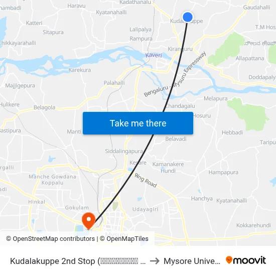 Kudalakuppe 2nd Stop (ಕೂಡಲಕುಪ್ಪೆ 2ನೇ ನಿ.) to Mysore University map