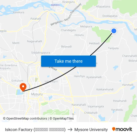 Iskcon Factory (ಇಸ್ಕಾನ್‌ ಕಾರ್ಖಾನೆ) to Mysore University map