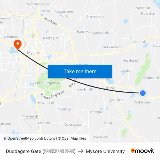 Duddagere Gate (ದುಡ್ಡಗೆರೆ ಗೇಟ್) to Mysore University map