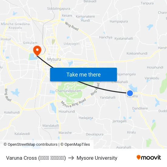 Varuna Cross (ವರುಣ ಕ್ರಾಸ್) to Mysore University map