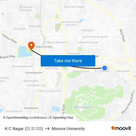 K.C Nagar (ಕೆ.ಸಿ ನಗರ) to Mysore University map