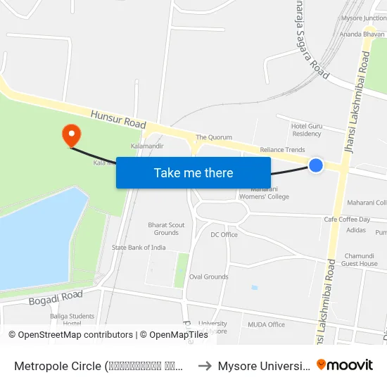 Metropole Circle (ಮೆಟ್ರೋಪೋಲ್ ವೃತ್ತ) to Mysore University map