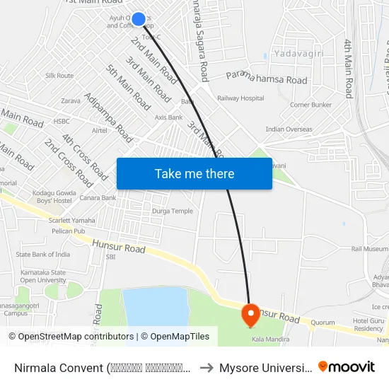 Nirmala Convent (ನಿರ್ಮಲ ಕಾನ್ವೆಂಟ್) to Mysore University map