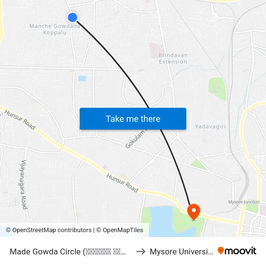 Made Gowda Circle (ಮಾದೇಗೌಡ ವೃತ್ತ) to Mysore University map