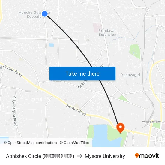 Abhishek Circle (ಅಭಿಶೇಕ್ ವೃತ್ತ) to Mysore University map