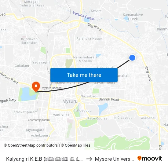 Kalyangiri K.E.B (ಕಲ್ಯಾಣಗಿರಿ ಕೆ.ಇ.ಬಿ) to Mysore University map