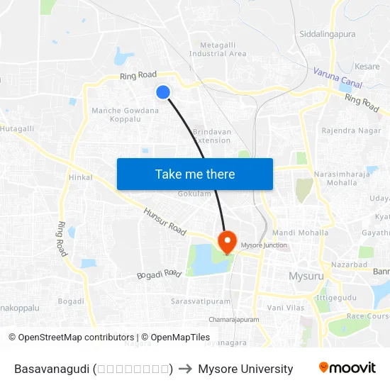Basavanagudi (ಬಸವನಗುಡಿ) to Mysore University map