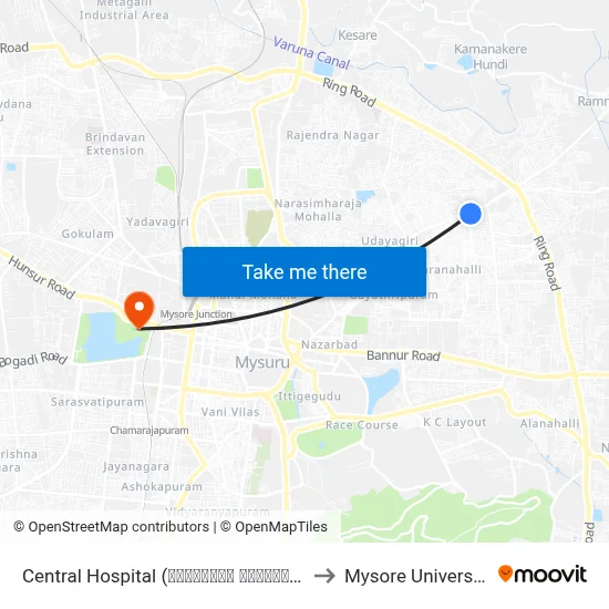 Central Hospital (ಸೆಂಟ್ರಲ್ ಆಸ್ಪತ್ರೆ) to Mysore University map