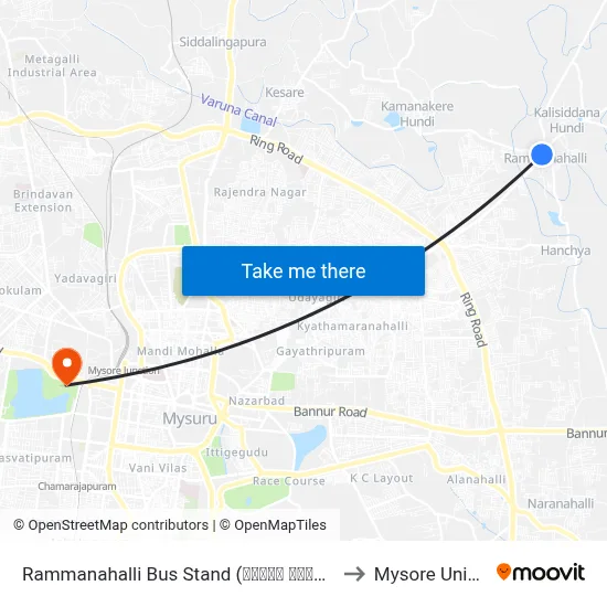 Rammanahalli Bus Stand (ರಮ್ಮನ ಹಳ್ಳಿ ಬಸ್ ನಿಲ್ದಾಣ) to Mysore University map