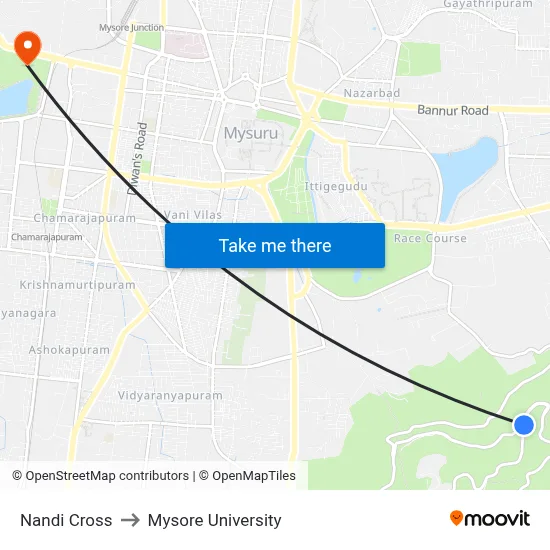 Nandi Cross to Mysore University map