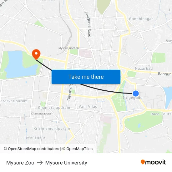 Mysore Zoo to Mysore University map
