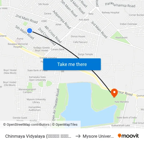Chinmaya Vidyalaya (ಚಿನ್ಮಯ ವಿದ್ಯಾಲಯ) to Mysore University map