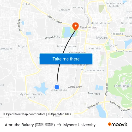 Amrutha Bakery (ಅಮೃತ ಬೇಕರಿ) to Mysore University map