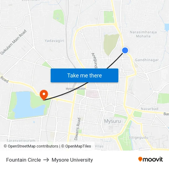Fountain Circle to Mysore University map