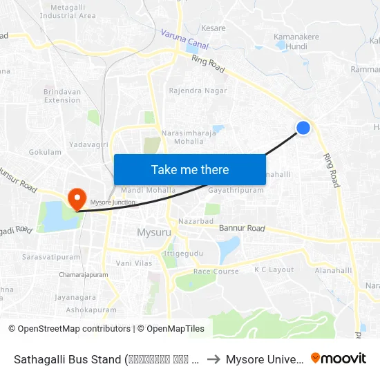 Sathagalli Bus Stand (ಸಾತಗಳ್ಳಿ ಬಸ್ ನಿಲ್ದಾಣ) to Mysore University map
