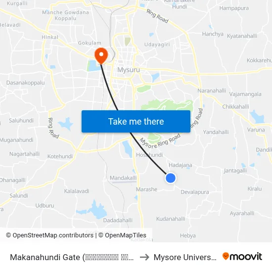 Makanahundi Gate (ಮಾಕನಹುಂಡಿ ಗೇಟ್) to Mysore University map