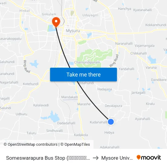 Someswarapura Bus Stop (ಸೋಮೇಶ್ವರಪುರ ಬಸ್ ನಿ.) to Mysore University map