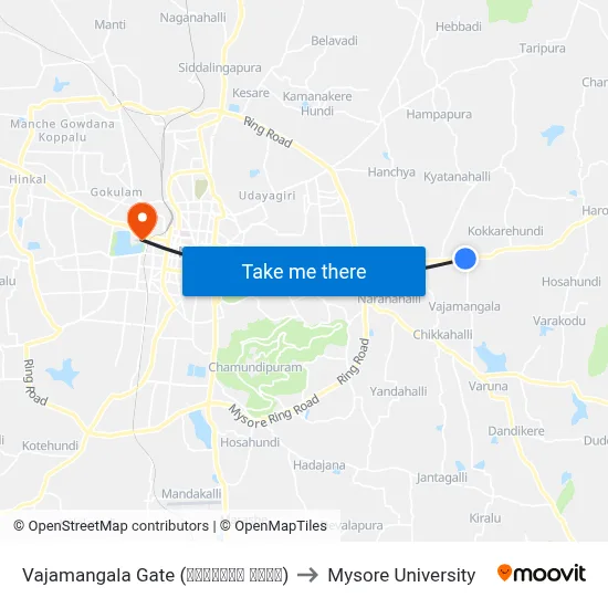 Vajamangala Gate (ವಾಜಮಂಗಲ ಗೇಟ್) to Mysore University map