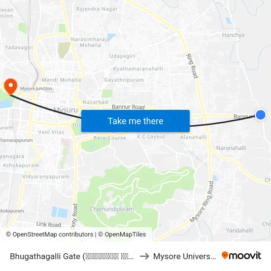 Bhugathagalli Gate (ಭುಗತಗಳ್ಳಿ ಗೇಟ್) to Mysore University map