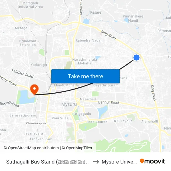 Sathagalli Bus Stand (ಸಾತಗಳ್ಳಿ ಬಸ್ ನಿಲ್ದಾಣ) to Mysore University map