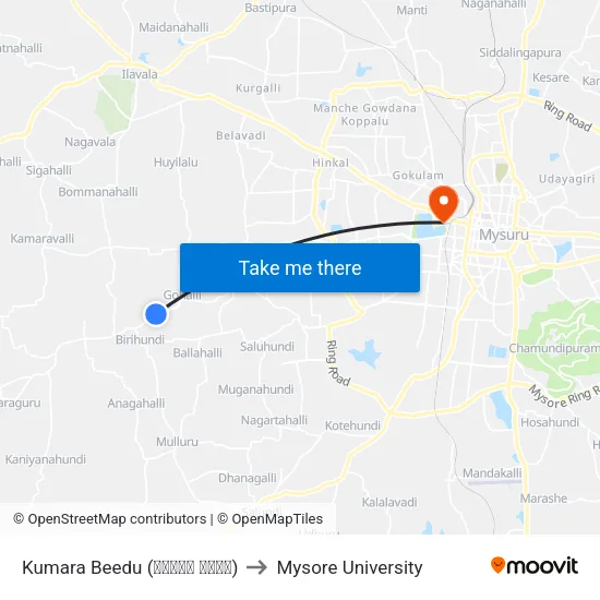 Kumara Beedu (ಕುಮಾರ ಬೀಡು) to Mysore University map