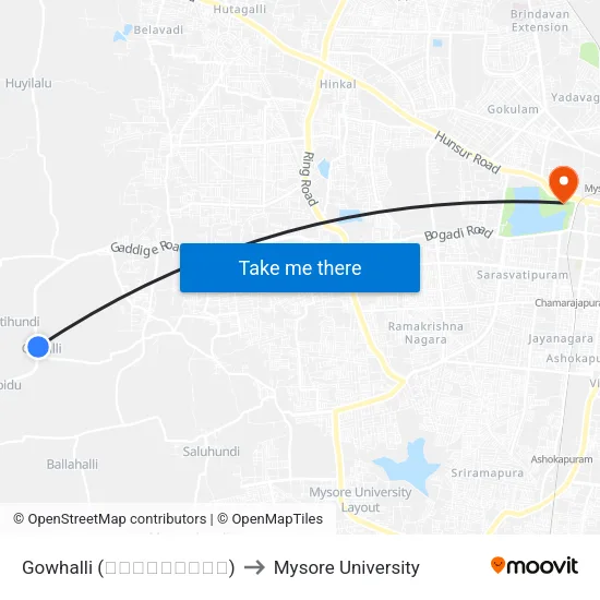 Gowhalli (ಗೋವುಹಳ್ಳಿ) to Mysore University map