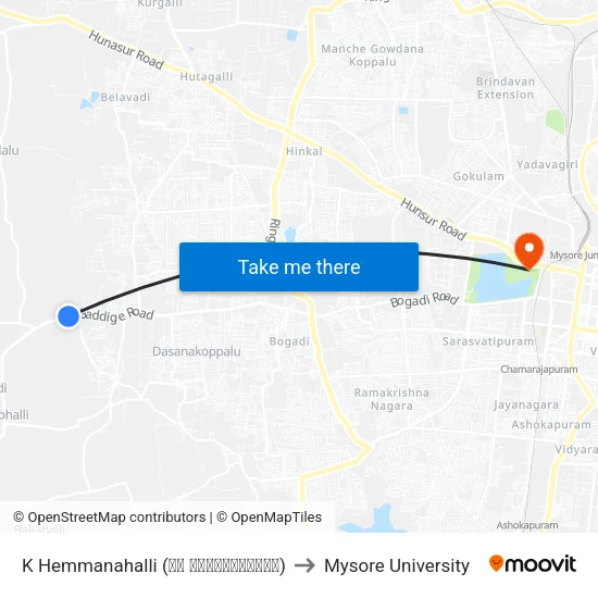 K Hemmanahalli (ಕೆ ಹೆಮ್ಮನಹಳ್ಳಿ) to Mysore University map