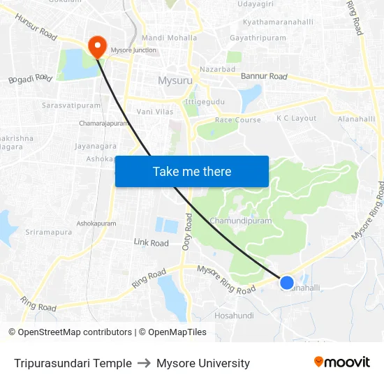 Tripurasundari Temple to Mysore University map