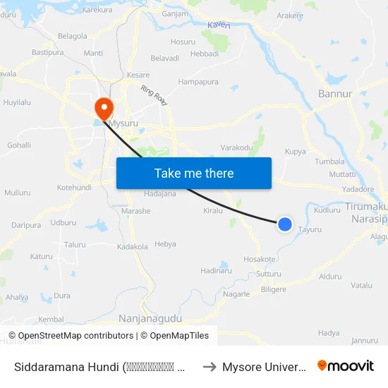 Siddaramana Hundi (ಸಿದ್ದರಾಮನ ಹುಂಡಿ) to Mysore University map