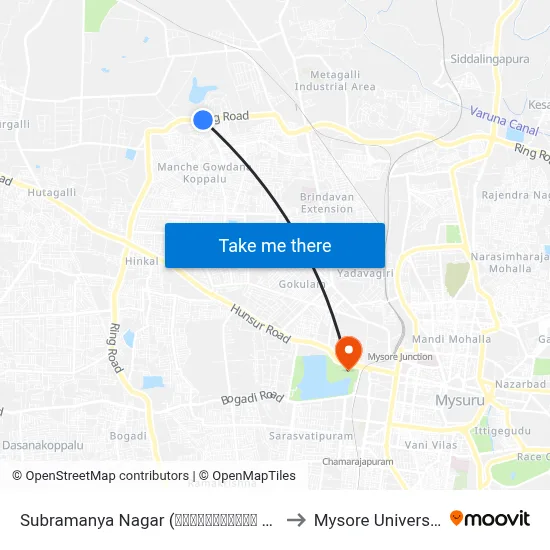 Subramanya Nagar (ಸುಬ್ರಹ್ಮಣ್ಯ ನಗರ) to Mysore University map