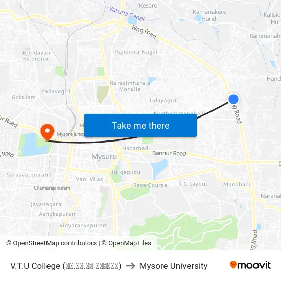 V.T.U College (ವಿ.ಟಿ.ಯು ಕಾಲೇಜು) to Mysore University map