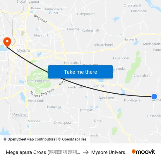 Megalapura Cross (ಮೇಘಲಾಪುರ ಕ್ರಾಸ್) to Mysore University map