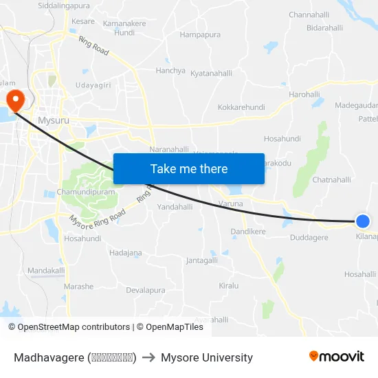 Madhavagere (ಮಾಧವಗೆರೆ) to Mysore University map