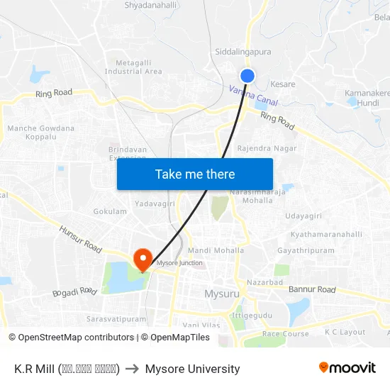 K.R Mill (ಕೆ.ಆರ್ ಮಿಲ್) to Mysore University map