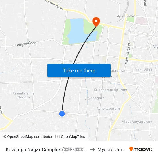 Kuvempu Nagar Complex (ಕುವೆಂಪುನಗರ ಕಾಂಪ್ಲೆಕ್ಸ್) to Mysore University map