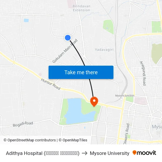 Adithya Hospital (ಆದಿತ್ಯ ಆಸ್ಪತ್ರೆ) to Mysore University map