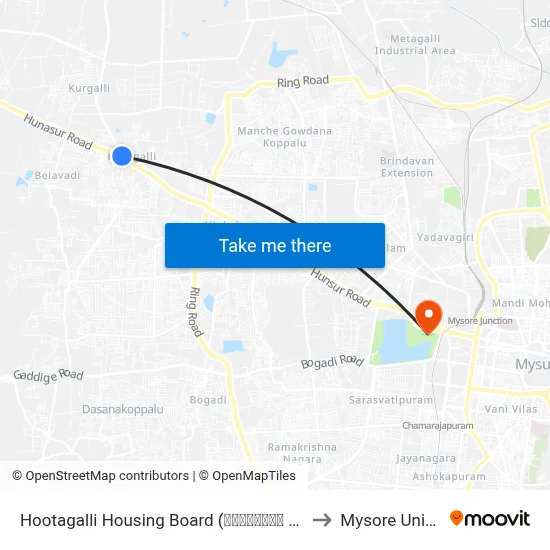 Hootagalli Housing Board (ಹೂಟಗಳ್ಳಿ ಹೌಸಿಂಗ್ ಬೋರ್ಡ್‌) to Mysore University map
