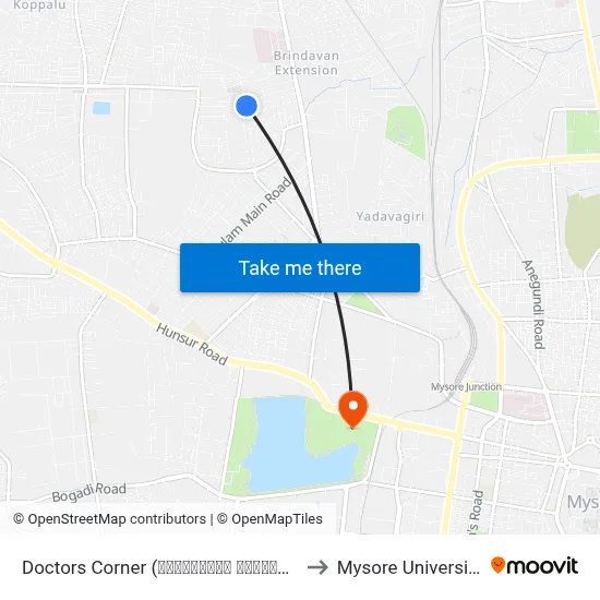 Doctors Corner (ಡಾಕ್ಟರ‍್ಸ್ ಕಾರ್ನರ್) to Mysore University map