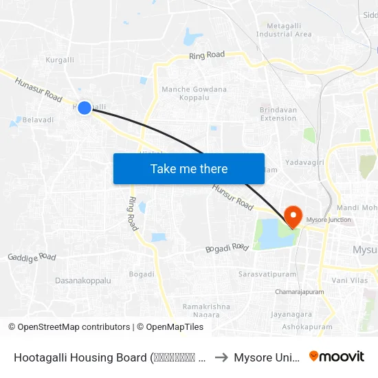 Hootagalli Housing Board (ಹೂಟಗಳ್ಳಿ ಹೌಸಿಂಗ್ ಬೋರ್ಡ್‌) to Mysore University map