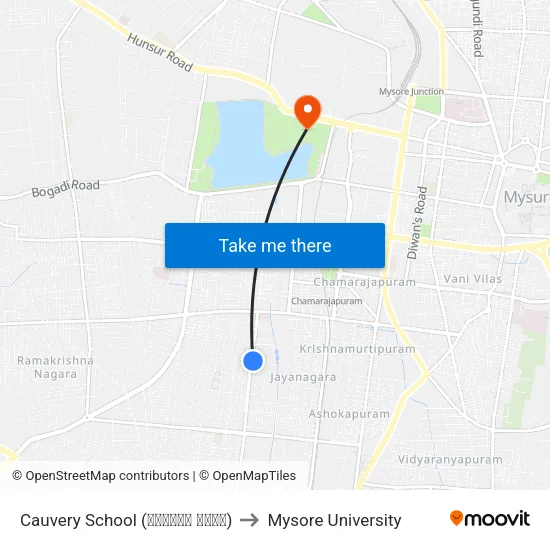 Cauvery School (ಕಾವೇರಿ ಶಾಲೆ) to Mysore University map