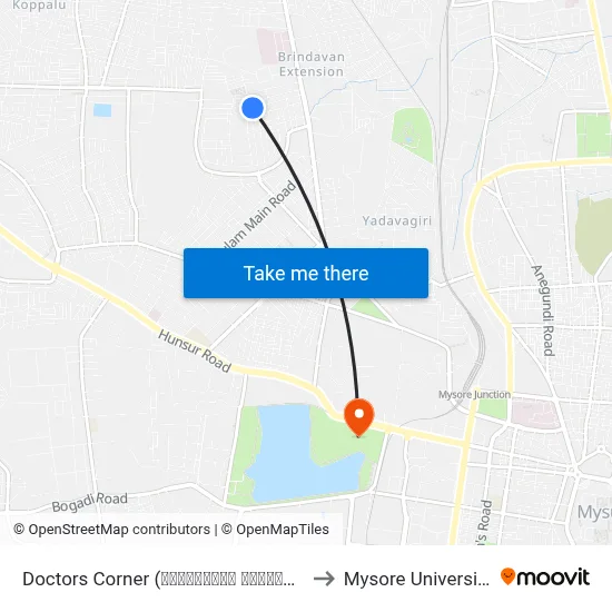 Doctors Corner (ಡಾಕ್ಟರ‍್ಸ್ ಕಾರ್ನರ್) to Mysore University map