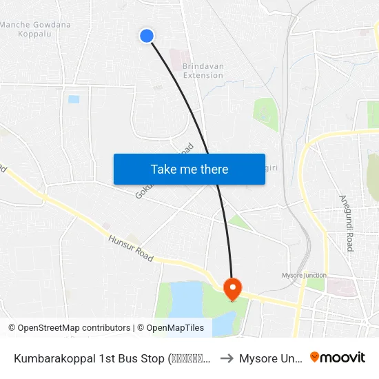 Kumbarakoppal 1st Bus Stop (ಕುಂಬಾರಕೊಪ್ಪಲು 1ನೇ ಬಸ್ ನಿ.) to Mysore University map