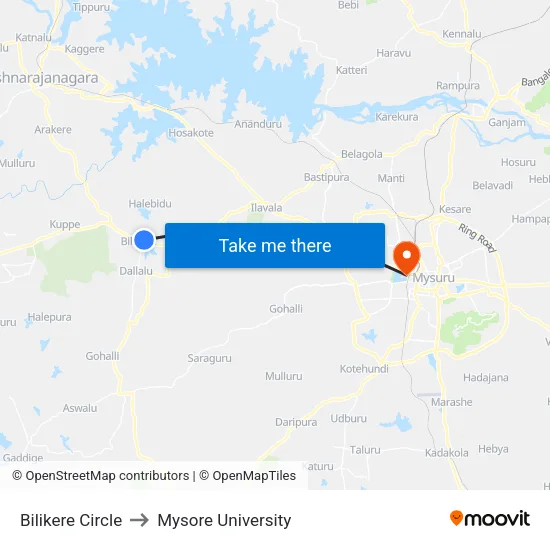 Bilikere Circle to Mysore University map