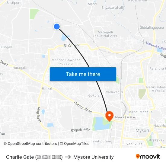 Charlie Gate (ಚಾರ್ಲಿ ಗೇಟ್) to Mysore University map